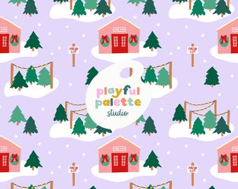 Patrón sin costuras de granja de árboles de Navidad, diseño de patrón festivo, patrón repetido de árbol de Navidad, descarga instantánea, patrón de superficie navideño