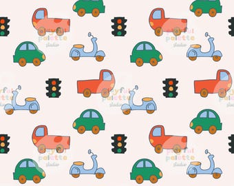 May include: A repeating pattern featuring cartoon vehicles: green cars, red trucks, and blue scooters. Traffic lights are interspersed. The design is set against a light pink background, creating a playful and whimsical aesthetic.