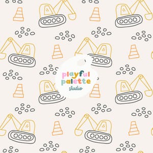Puede incluir: Patrón repetitivo con vehículos de construcción, conos de tráfico y formas abstractas en negro, dorado y naranja sobre un fondo beige claro. El diseño incluye excavadoras y conos de carretera, con el texto "playful palette studio".