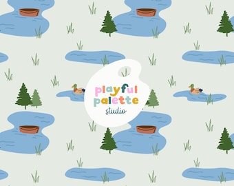 Ducks at the Lake Seamless Pattern, Cute Ducks Swimming Summer Repeat Pattern, Kids Surface Pattern Design, Nature Playful Ducks Seamless