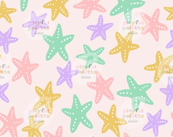 Starfish Beach Pastels Seamless Pattern, Summer Ocean Design (Instant Download)