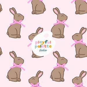 May include: A repeating pattern of brown bunnies with pink bows on a light pink background. The bunnies are in a sitting position. The image also includes the text "Playful Palette Studio" in a colorful design.