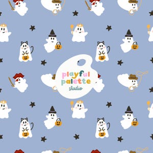 Spooky Cute Ghosts Halloween Pattern Design, Seamless Pattern for Halloween and Fall, Ghosts in Costumes Surface Pattern Instant Download