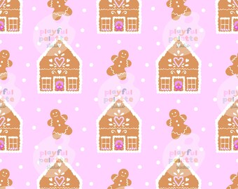 Gingerbread House Cookies Christmas Holiday Seamless Pattern, Girly Winter Commercial Use PNG Digital Download, Sweet Treats Repeat