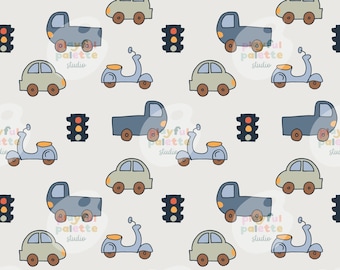 May include: A repeating pattern featuring cartoon vehicles, including cars, scooters, and trucks, along with traffic lights. The vehicles are in shades of blue, green, and brown, set against a light gray background. The text "palette studio" is visible.