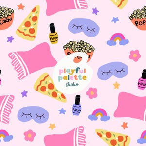 May include: A repeating pattern on a pink background features illustrations of popcorn, pizza slices, nail polish bottles, sleep masks, rainbows, flowers, and stars. The text "playful palette studio" is also present.