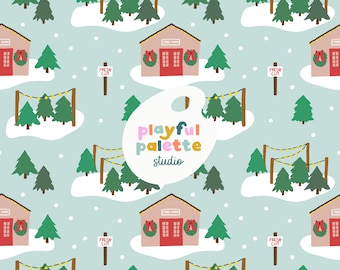 Patrón sin costuras de granja de árboles de Navidad, diseño de patrón festivo, patrón repetido de árbol de Navidad, descarga instantánea, patrón de superficie navideño