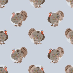 May include: A repeating pattern of cartoon turkeys on a light blue background. Each turkey has a brown body, a red wattle, and a blue head. The turkeys are surrounded by a white circle with the text "Playful Palette Studio".