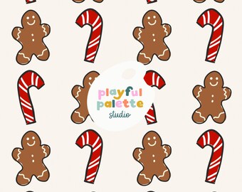 Gingerbread Candy Canes Christmas Holiday Seamless Pattern, Gingerbread Cookies Christmas Candy Cane Seamless, Surface Pattern Christmas
