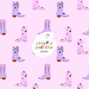 May include: A repeating pattern of lavender cowboy boots with Halloween-themed designs. Some boots have spiderwebs, spiders, and stars. Others have a crescent moon and stars. The boots are set against a light pink background. Some boots have the words "Trick or Treat".