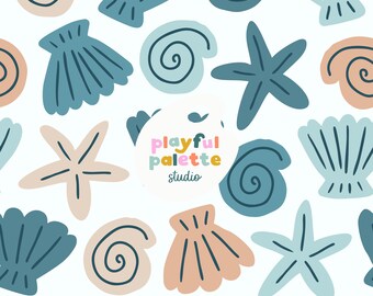 Summer Seashells Beach Seamless Pattern, Seashell Pattern Design, Repeat Pattern Summer, Ocean Beach Sea Surface Pattern Instant Download