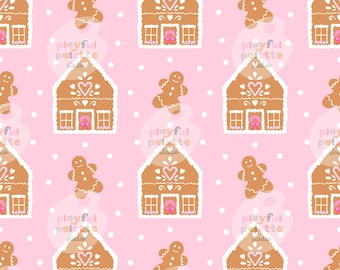 Gingerbread House Cookies Christmas Holiday Seamless Pattern, Girly Winter Commercial Use PNG Digital Download, Sweet Treats Repeat