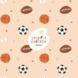 Sports Balls Seamless Pattern, Orange Sporty Repeating Pattern Design, Kids Soccer Basketball Football Balls Surface Pattern, Pattern Design