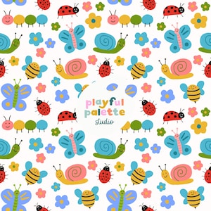 Pode incluir: Um padrão lúdico com insetos e flores de desenho animado em um fundo branco. O design inclui joaninhas, borboletas, abelhas, caracóis, lagartas e várias flores coloridas. O texto "playful palette studio" também está presente.
