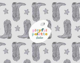 May include: A repeating pattern of gray cowboy boots and stars on a light gray background. The boots have decorative stitching and are arranged in a grid-like fashion. The text "playful palette studio" is in a colorful palette shape.