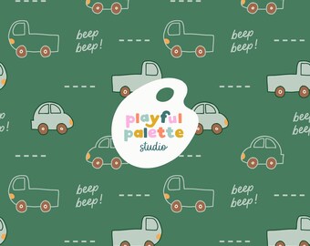 May include: A seamless pattern featuring cartoon cars and trucks in shades of gray and yellow-orange on a dark green background. The words "beep beep!" are scattered throughout the design. The Playful Palette Studio logo is also visible.