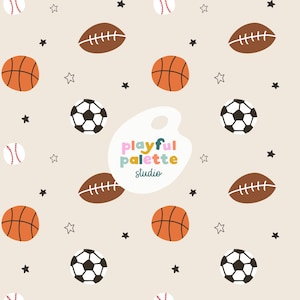 Sports Balls Seamless Pattern, Gray Sporty Repeating Pattern Design, Kids Soccer Basketball Football Balls Surface Pattern, Pattern Designs