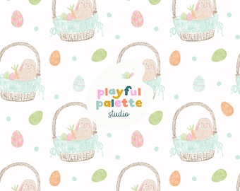 Patrón sin costuras de cesta de Pascua, descarga instantánea sin costuras, huevos de conejo de Pascua repetidos sin costuras, patrón sin costuras de primavera pastel dulce