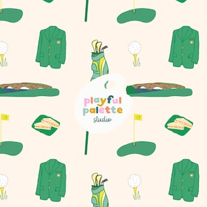 May include: A repeating pattern featuring golf-themed illustrations. The design includes green blazers, golf bags, golf balls on tees, green putting greens with flags, sandwiches, and a bridge, all set against a cream background. The text "Playful Palette Studio" is also present.