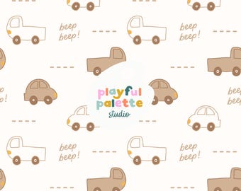 May include: A repeating pattern of cartoon cars and trucks in shades of brown and white on a cream background. The words "beep beep!" are scattered throughout the design. The text "playful palette studio" is also visible.