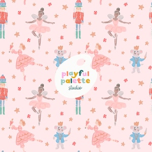 Nutcracker Ballet Christmas Holiday Seamless Pattern, Nutcracker Ballet Characters Seamless, Christmas Nutcracker Watercolor Pastel Seamless