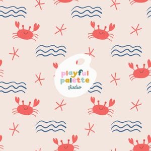 Summer Crabs Beach Seamless Pattern, Waves Pattern Design, Repeat Pattern Summer, Ocean Beach Sea Crab Nautical Seamless Surface Pattern