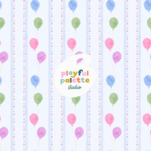 Birthday Party Seamless Pattern, Colorful Balloons Party Digital Pattern, Watercolor Sweet Birthday Balloon Stripes Seamless Surface Pattern