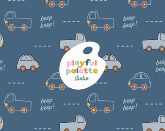 May include: A seamless pattern featuring cartoon cars and trucks in shades of gray and orange on a dark blue background. The design includes dashed lines and the text "beep beep!" scattered throughout. The Playful Palette Studio logo is also visible.