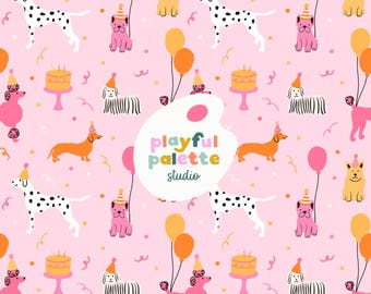 Birthday Party Puppies Seamless Pattern, Birthday Party Dogs Repeat Pattern, Cute Puppy Dog Pattern Design, Surface Pattern Instant Download