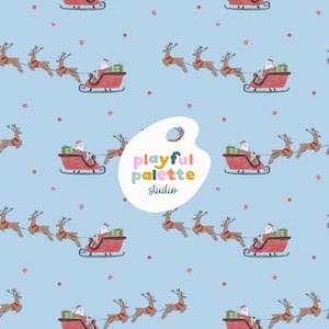 Santa Christmas Seamless Pattern, Jolly Santa with Presents in Sleigh Repeat Pattern, Watercolor Santa with Reindeer Flying Seamless Pattern