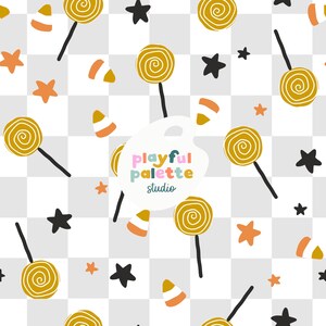 Halloween Candy Seamless Pattern, Spooky Cute Candy Pattern Design, Halloween Candy Stars Checkered Seamless, Surface Pattern Fall Halloween