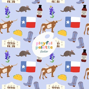 May include: A light blue pattern featuring Texas-themed illustrations. The design includes a Texas flag, longhorn cattle, cowboy boots, armadillos, tacos, bluebonnet flowers, and bottles of BBQ sauce. The text "Playful Palette Studio" is also present.