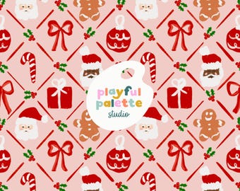 May include: A repeating pattern of Christmas-themed illustrations on a pink background. The design includes Santa faces, gingerbread men, gift boxes, bows, candy canes, and ornaments. The text "playful palette studio" is in the center.