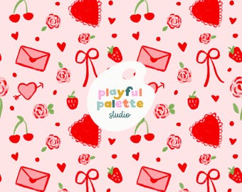 Valentines Day Seamless Pattern, Floral Roses Pink Red Seamless Pattern, Surface Pattern Design Valentines, Hearts Bows Coquette Seamless