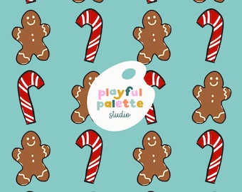 Gingerbread Candy Canes Christmas Holiday Seamless Pattern, Gingerbread Cookies Christmas Candy Cane Seamless, Surface Pattern Christmas