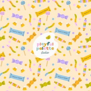 Halloween Candy Seamless Pattern, Spooky Cute Candy Pattern Design, Halloween Candy Basket Pumpkin Seamless, Surface Pattern Fall Halloween