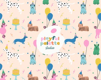 Birthday Party Puppies Seamless Pattern, Birthday Party Dogs Repeat Pattern, Cute Puppy Dog Pattern Design, Surface Pattern Instant Download