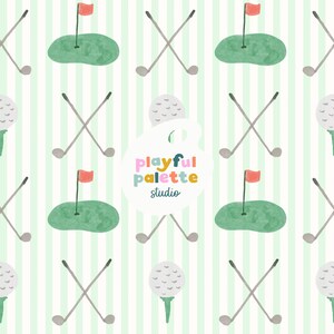 May include: A repeating watercolour pattern of golf equipment, including golf clubs, golf balls, and greens with red flags. The background has vertical stripes in light green and white. The text "playful palette studio" is included.