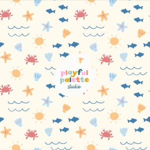 Summer Crabs Beach Seamless Pattern, Waves Pattern Design, Repeat Pattern Summer, Ocean Beach Sea Crab Nautical Seamless Surface Pattern