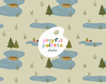 Ducks at the Lake Seamless Pattern, Cute Ducks Swimming Summer Repeat Pattern, Kids Surface Pattern Design, Nature Playful Ducks Seamless