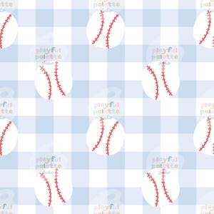 May include: A repeating pattern of white baseballs with red stitching on a light blue and white checkered background. The words "playful palette studio" are visible in the image.