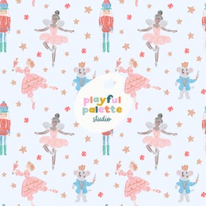 Nutcracker Ballet Christmas Holiday Seamless Pattern, Nutcracker Ballet Characters Seamless, Christmas Nutcracker Watercolor Pastel Seamless