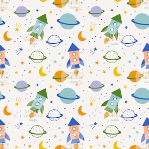 May include: A repeating pattern featuring rockets, planets, stars, and moons in a space theme. The design includes rockets in blue and orange, planets with rings, and crescent moons, all set against a cream background. The text "Playful Palette Studio" is also present.