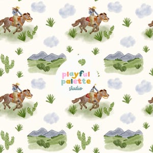 Cowboy Western Seamless Pattern, Watercolor Wild West Repeat Pattern, Surface Pattern Design Cowboys, Cactus Horses Cowboys Pattern Design