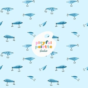 Fischen lockt nahtloses Muster, Fischen-Sommer-Wiederholungsmuster, Kinder-Oberflächenmusterdesign, Fischerjungen-Blau-nahtloser Muster-Download