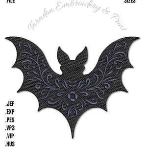 May include: Black bat embroidery design with intricate floral detailing. The design includes the text "Taradon Embroidery & Print", "Multiple Sizes", and file type extensions. Perfect for Halloween or gothic-themed projects.