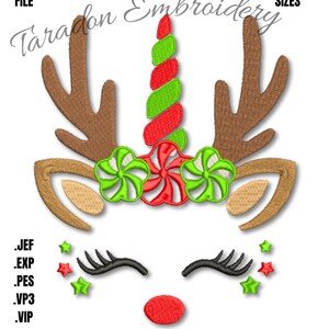 May include: Embroidered design of a reindeer with candy cane antlers and a green and red candy cane horn. The reindeer has closed eyes and a red nose. The design includes green and red stars.