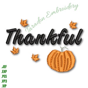 Thankful Machine Embroidery Design: Pumpkin & Autumn Leaves (Instant Zip Download)