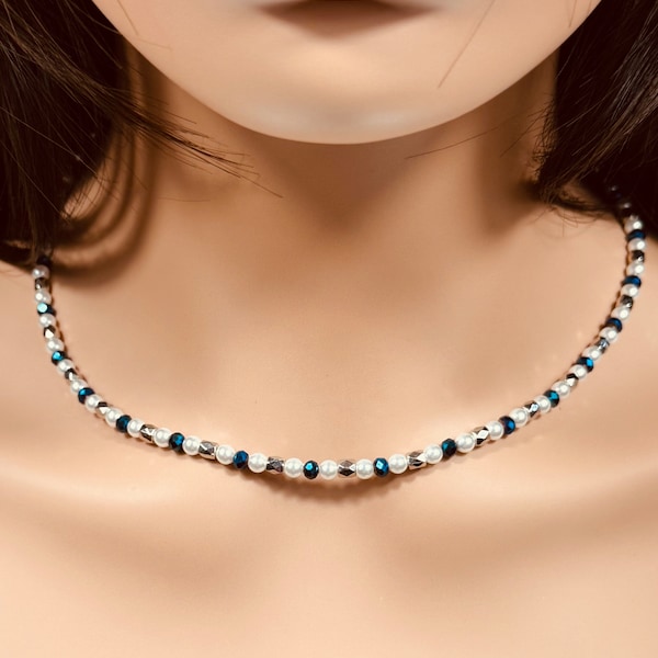 Belize - Pearl and Blue Crystal Beaded Necklace with Silver Accents