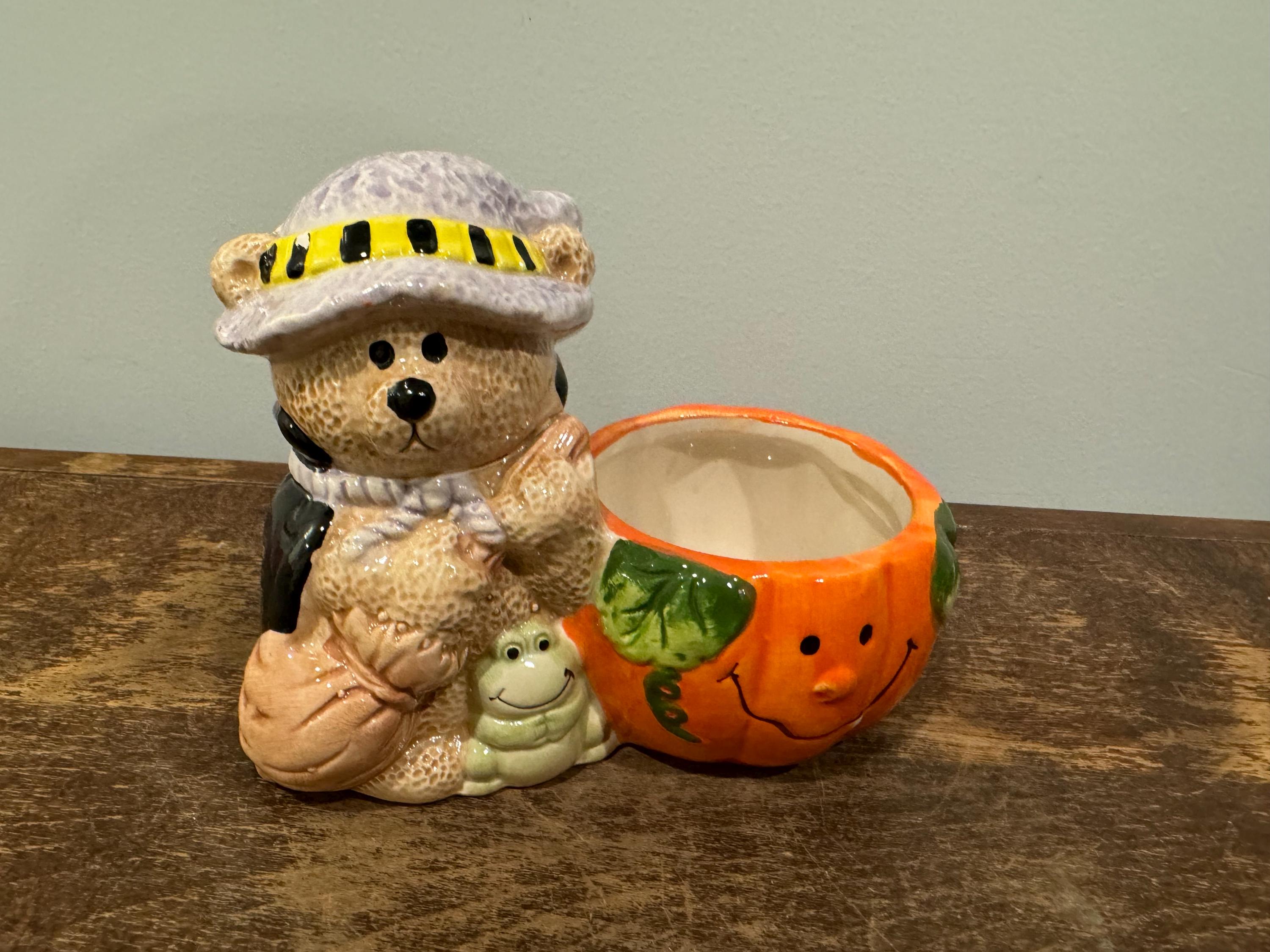 Vintage Halloween Teddy Bear With Pumpkin Candle Holder - Etsy display picture 1